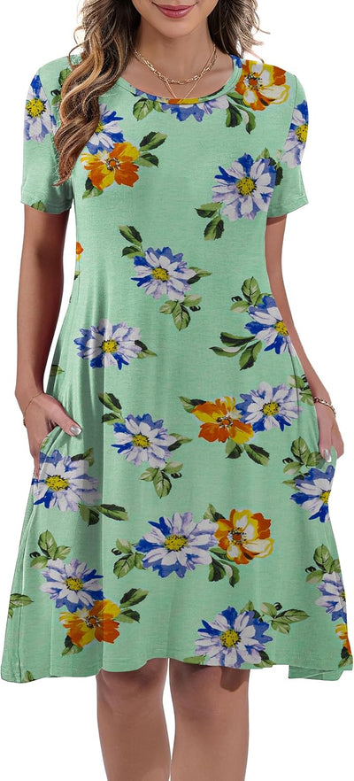 Women's Summer Casual Short Sleeve Crew Neck T Shirt Dresses Loose Swing with Pockets