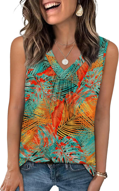 OFEEFAN Tank Top for Women Loose Fit Sleeveless Shirts V Neck Summer Clothes Ruched Women's Tees and Tanks Curved Hem
