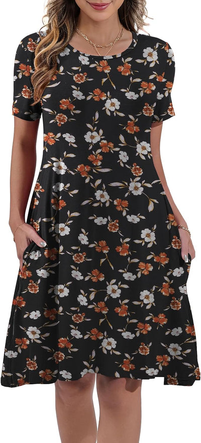 Women's Summer Casual Short Sleeve Crew Neck T Shirt Dresses Loose Swing with Pockets