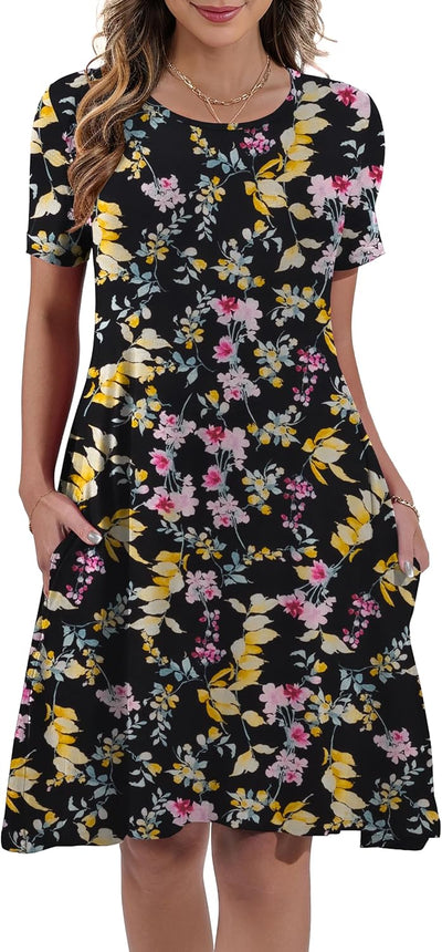 Women's Summer Casual Short Sleeve Crew Neck T Shirt Dresses Loose Swing with Pockets