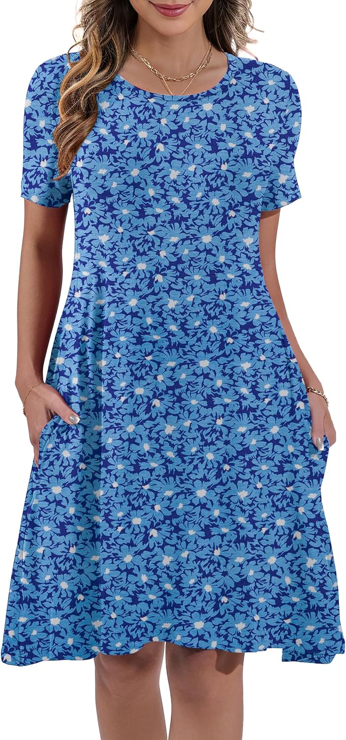 Women's Summer Casual Short Sleeve Crew Neck T Shirt Dresses Loose Swing with Pockets