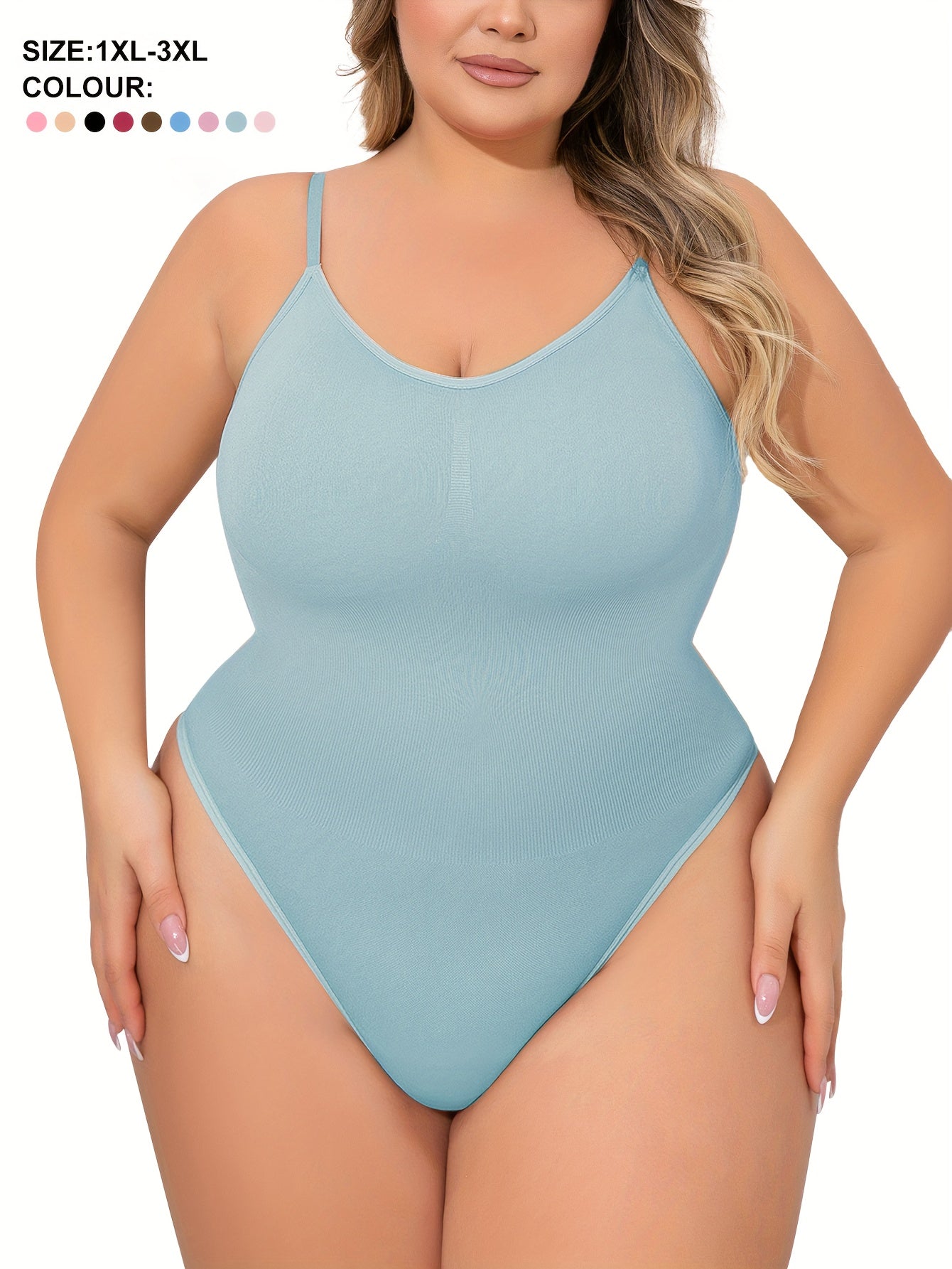 Plus Size Women's Adjustable Strap Bodysuit, One-piece Thong Bodysuit, Seamless Solid Color Bodysuit, Women's Underwear And Shapewear
