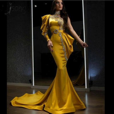Women's Elegant Off-Shoulder Evening Gown - Vibrant Yellow Golden Sequin Embellished Mermaid Party Dress for Galas, Sophisticated Craftsmanship