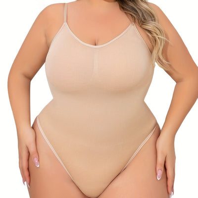 Plus Size Women's Adjustable Strap Bodysuit, One-piece Thong Bodysuit, Seamless Solid Color Bodysuit, Women's Underwear And Shapewear