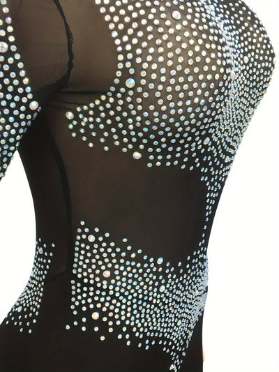 Rhinestone Decor Mesh Splicing Jumpsuit, Elegant Asymmetrical Sleeve Skinny Jumpsuit For Party & Club, Women's Clothing