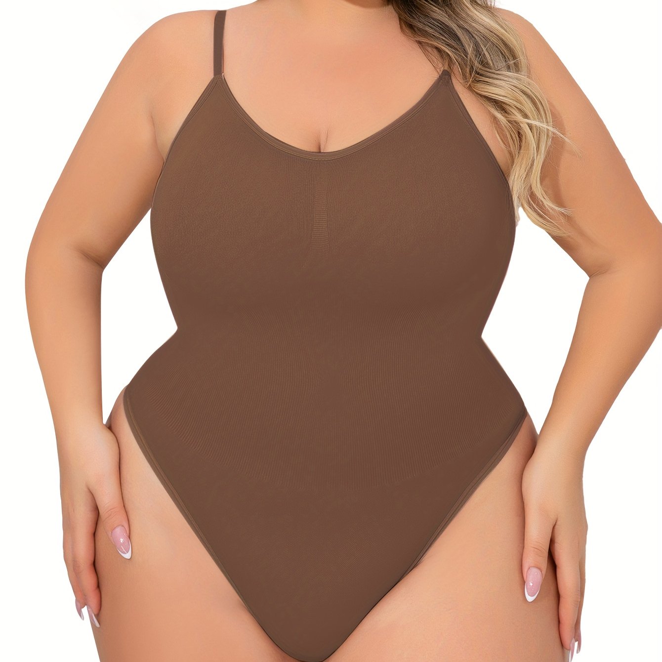 Plus Size Women's Adjustable Strap Bodysuit, One-piece Thong Bodysuit, Seamless Solid Color Bodysuit, Women's Underwear And Shapewear
