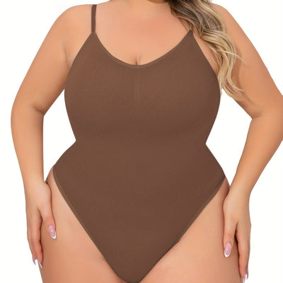 Plus Size Women's Adjustable Strap Bodysuit, One-piece Thong Bodysuit, Seamless Solid Color Bodysuit, Women's Underwear And Shapewear