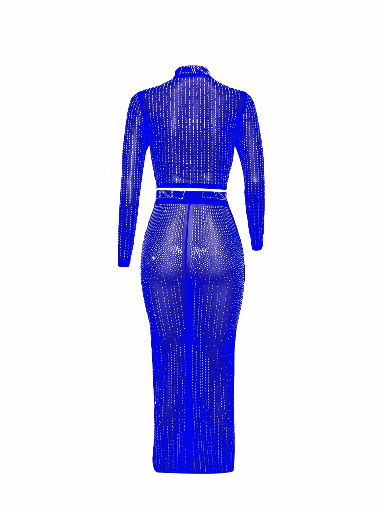 Two-Piece Glamour Set - Rhinestone Embellished Bodycon Crop Top & High Waist Floor Length Skirt - Women's Party Clothing for Special Occasions