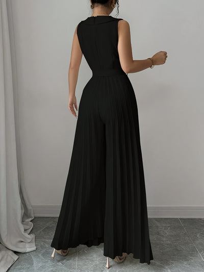 Elegant Apricot Double-Breasted Pleated Jumpsuit for Women - High-Waisted, Sleeveless, Polyester Blend, Perfect for Spring & Fall, Adult Size, Elegant Attire|Sleek Fitted Jumpsuit|Polyester Blend Jumpsui