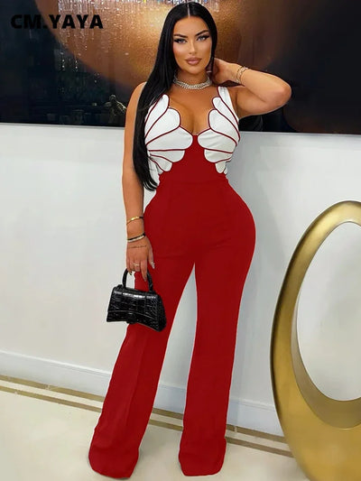 Women V-Neck Backless Wide Leg Straight Sleeveless Jumpsuits Spring Patchwork Sexy One Piece Set Streetwear Outfits