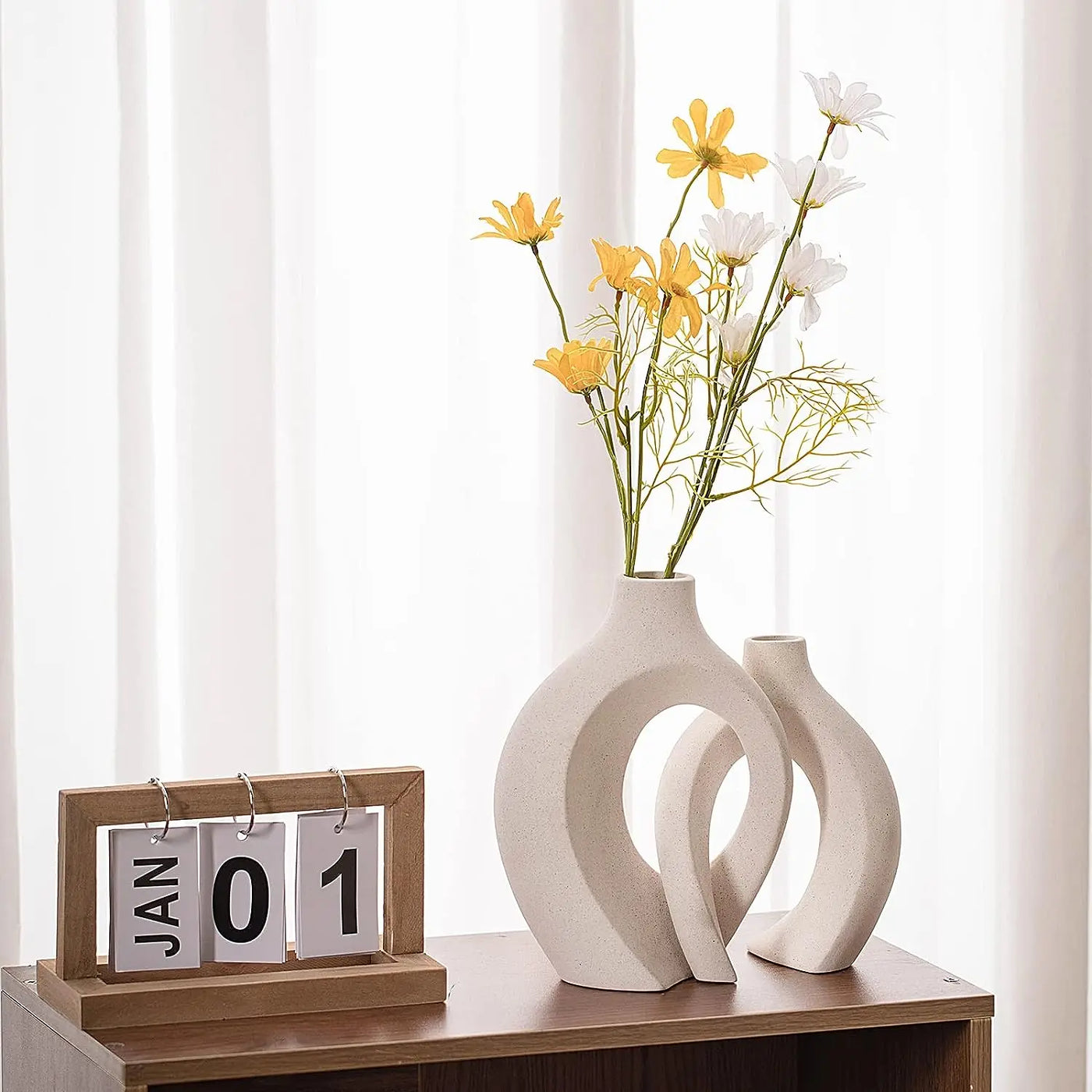 White Ceramic Vase Set of 2 for  Home Decor, Boho Donut Vases Nordic Minimalist Decorative Vase