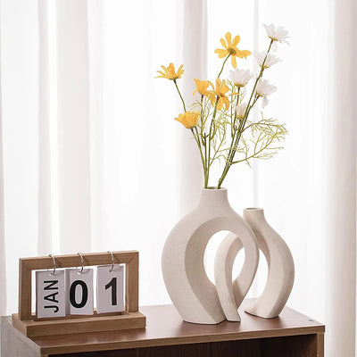White Ceramic Vase Set of 2 for  Home Decor, Boho Donut Vases Nordic Minimalist Decorative Vase
