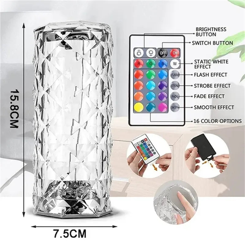 Colors Crystal Rose Table Lamp LED Rose Light Decoration Remote Control Romantic Diamond Atmosphere Light USB Night Light