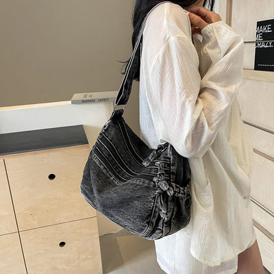 Women's Denim Crossbody Bag Large Capacity Shoulder Bag Adjustable Strap Vintage Satchel Bag Multi-pockets Casual Messenger Bags