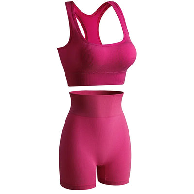 New solid color work back seamless knitting bra belly compression shorts sports running fitness yoga 2 piece set