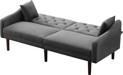 Convertible Sleeper Futon Sofa with 2 Pillows, Velvet Tufted Couch w/Metal Legs and Adjustable Backrest,Gray