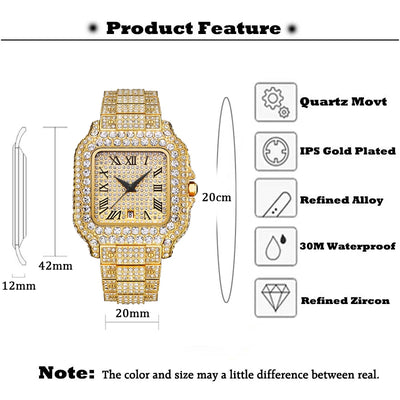 Men's Gold Watch Waterproof Calendar Luxury Hip Hop Quartz Watehes For Male Party Jewelry Iced Vintage Hand Clock Dropshipping