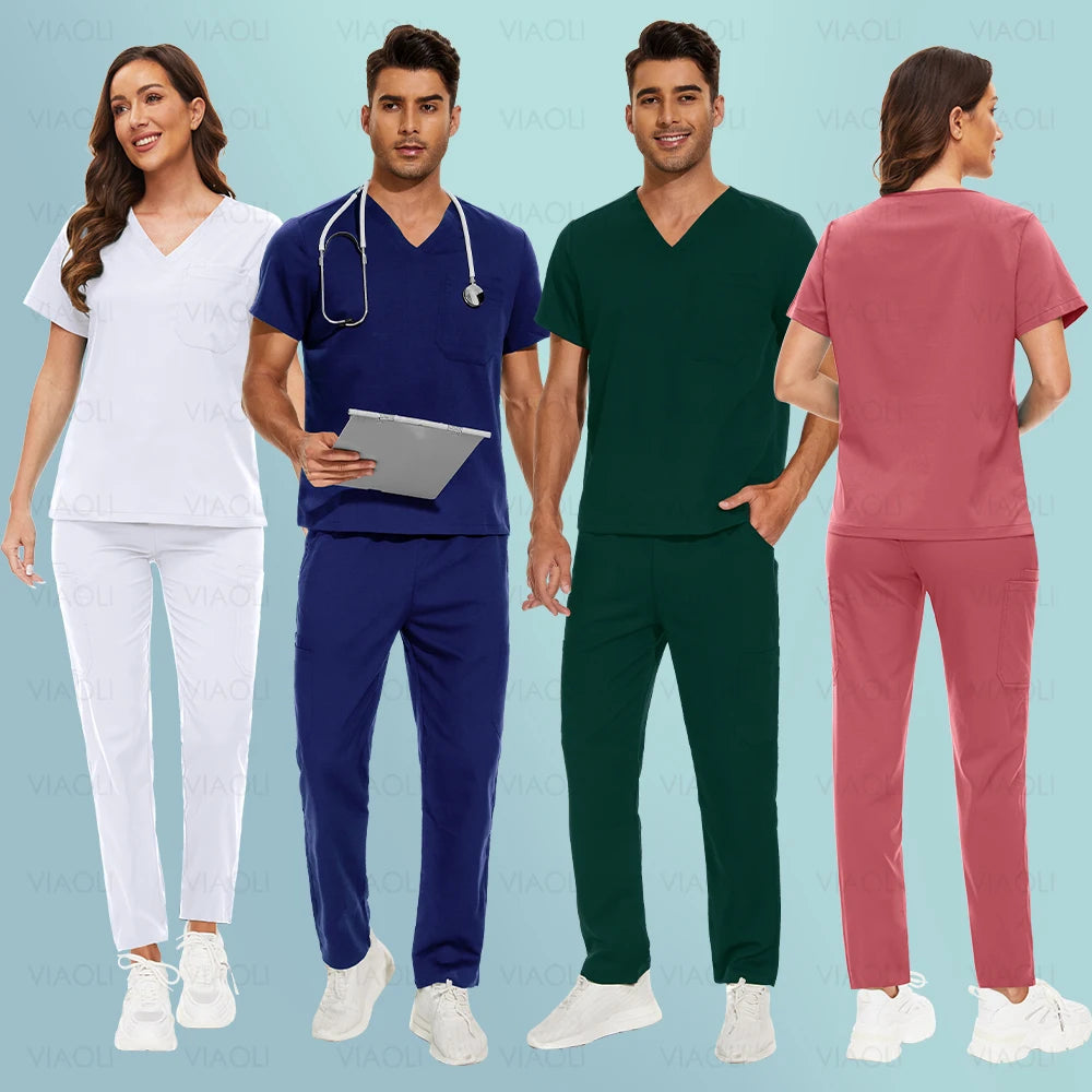 Multicolor Women Uniform V-neck Top+Pcoket Pants Nursing Surgical Uniform Men Pet Shop Doctor Medical Surgery Workwear Scrub Set