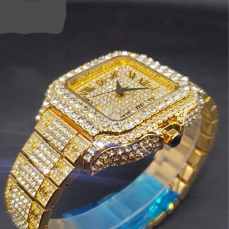 Men's Gold Watch Waterproof Calendar Luxury Hip Hop Quartz Watehes For Male Party Jewelry Iced Vintage Hand Clock Dropshipping