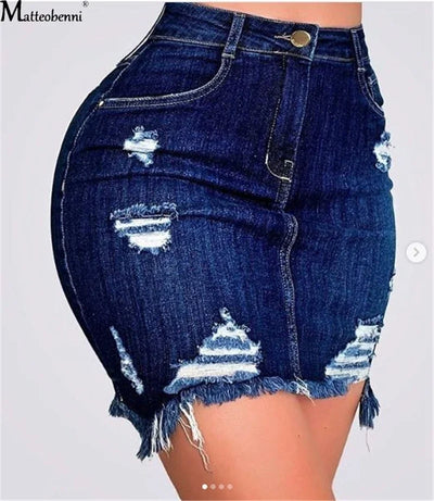 Women Fashion Denim Skirt Ripped Hip Distressed High Waist Button  Pencil Skirts Female Casual Summer Jeans