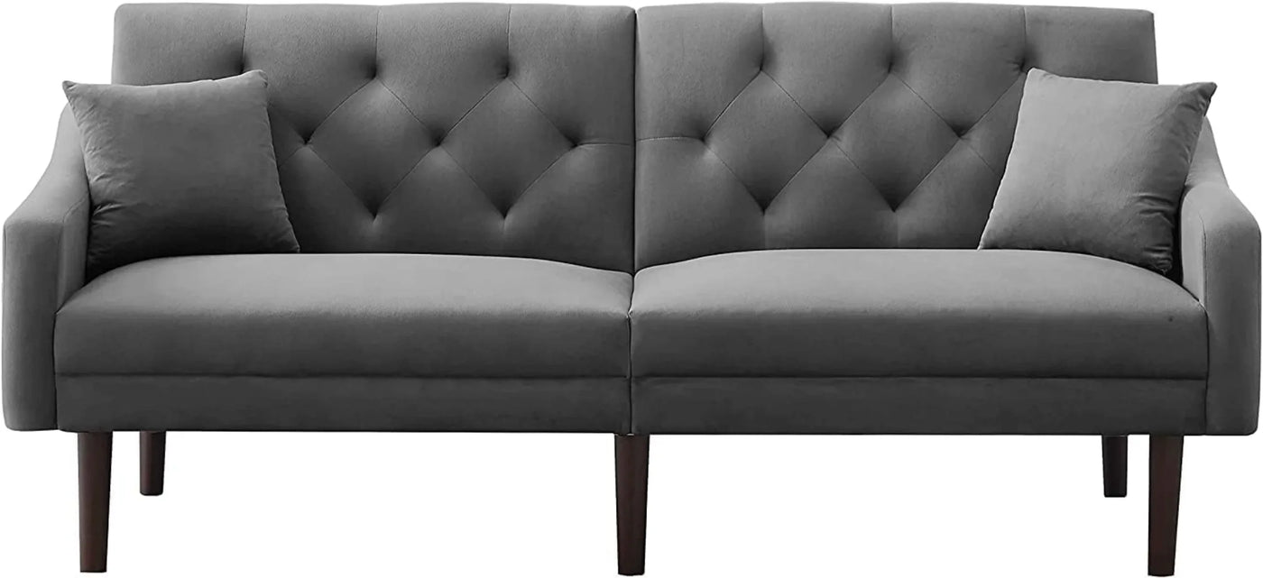 Convertible Sleeper Futon Sofa with 2 Pillows, Velvet Tufted Couch w/Metal Legs and Adjustable Backrest,Gray