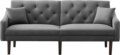 Convertible Sleeper Futon Sofa with 2 Pillows, Velvet Tufted Couch w/Metal Legs and Adjustable Backrest,Gray