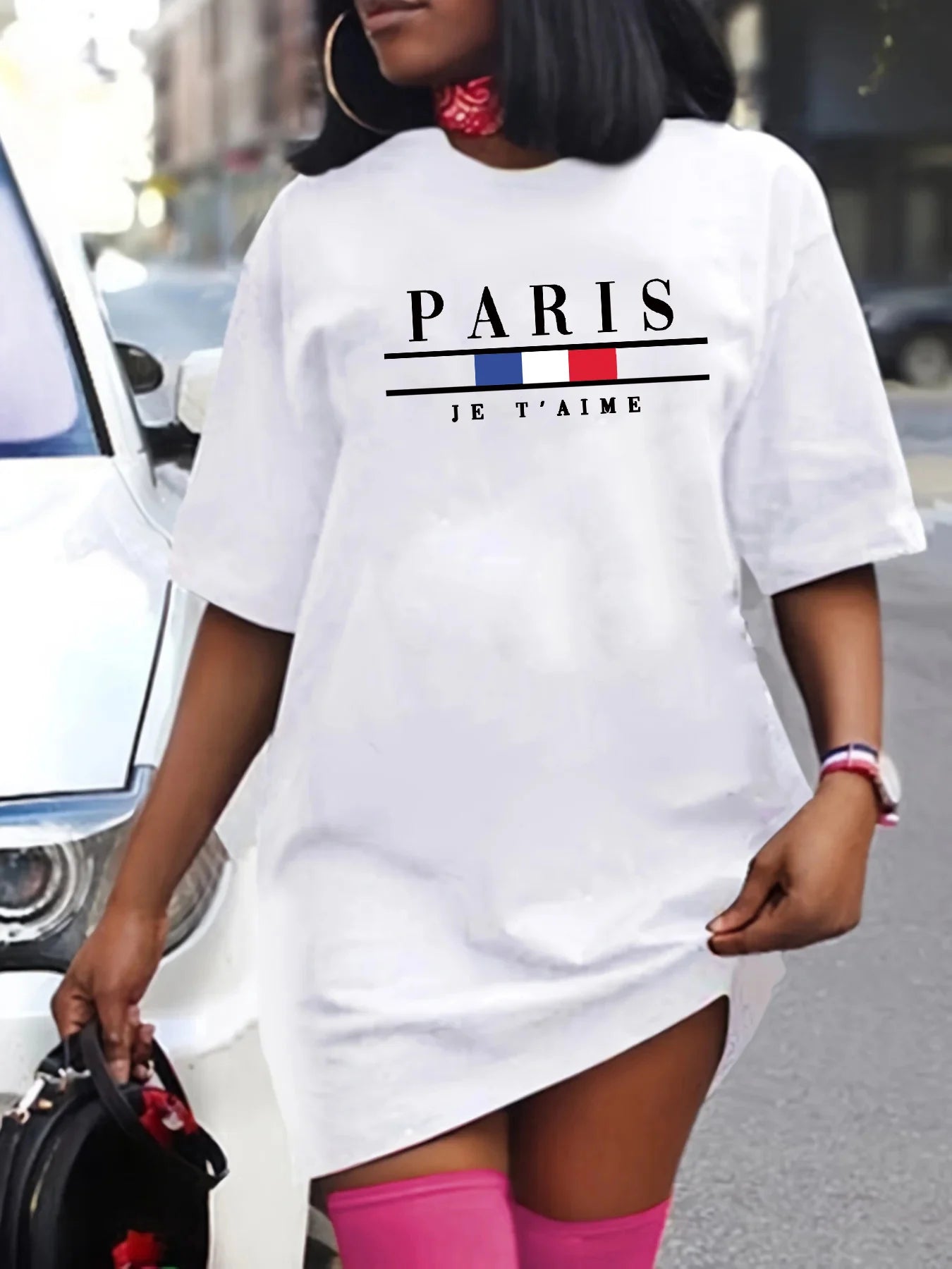 Women's summer PARIS letter Crew Neck Breathable print oversized casual round neck short sleeved mini T-shirt dress