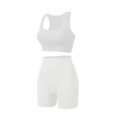 New solid color work back seamless knitting bra belly compression shorts sports running fitness yoga 2 piece set