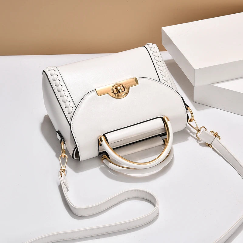 Elegant Buckle Decor Handbag, Women's Solid Color Crossbody Bag, Braided Details Flap Purse For Work