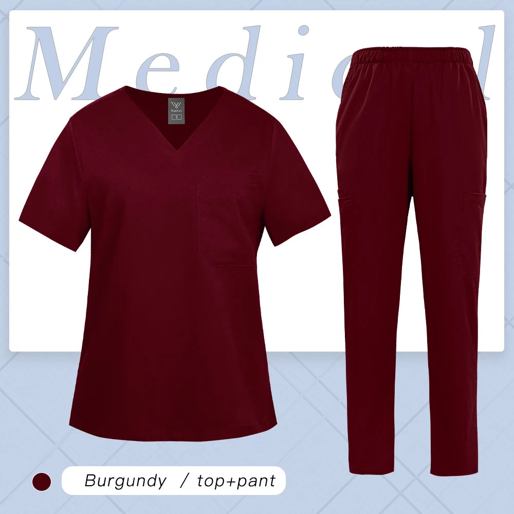 Multicolor Women Uniform V-neck Top+Pcoket Pants Nursing Surgical Uniform Men Pet Shop Doctor Medical Surgery Workwear Scrub Set