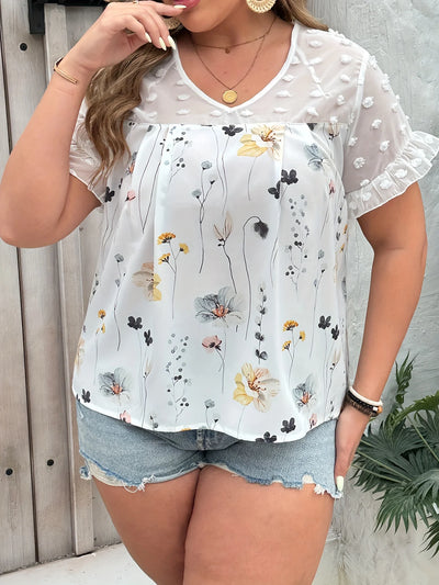 Plus Size Floral Print Swiss Dot BlouseElegant Patchwork V Neck Short Sleeve Blouse For Spring  Summer Women's Plus Size Clo