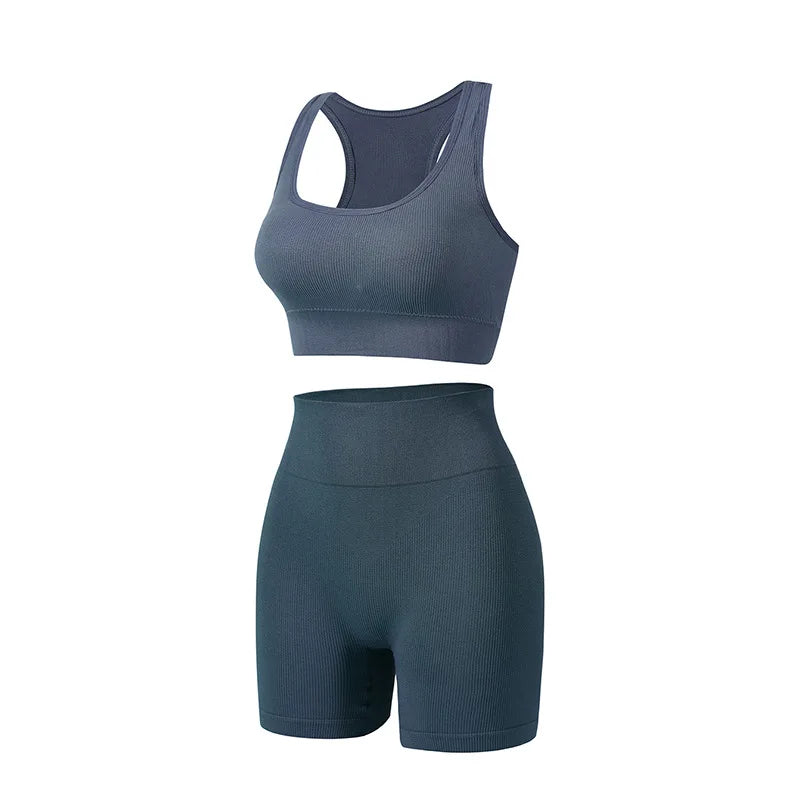 New solid color work back seamless knitting bra belly compression shorts sports running fitness yoga 2 piece set