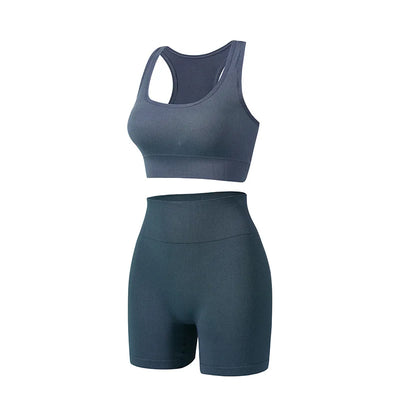 New solid color work back seamless knitting bra belly compression shorts sports running fitness yoga 2 piece set