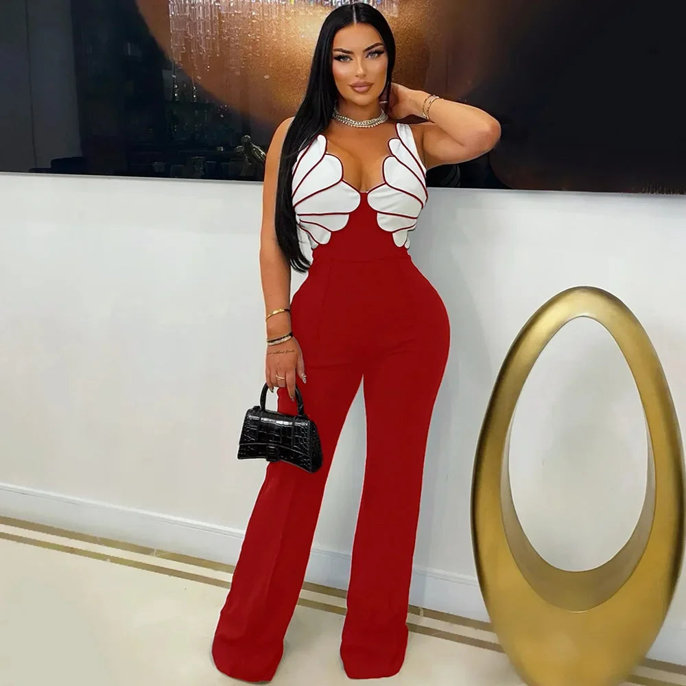 Women V-Neck Backless Wide Leg Straight Sleeveless Jumpsuits Spring Patchwork Sexy One Piece Set Streetwear Outfits