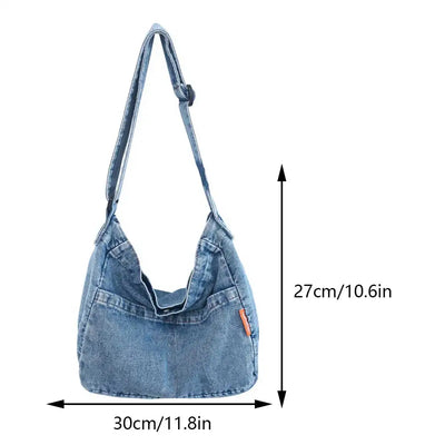 Women's Denim Crossbody Bag Large Capacity Shoulder Bag Adjustable Strap Vintage Satchel Bag Multi-pockets Casual Messenger Bags