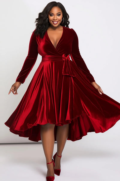 Plus Size Cocktail Party Burgundy Wrap Neck Long Sleeve Wrap Pocket Velvet Midi Dresses