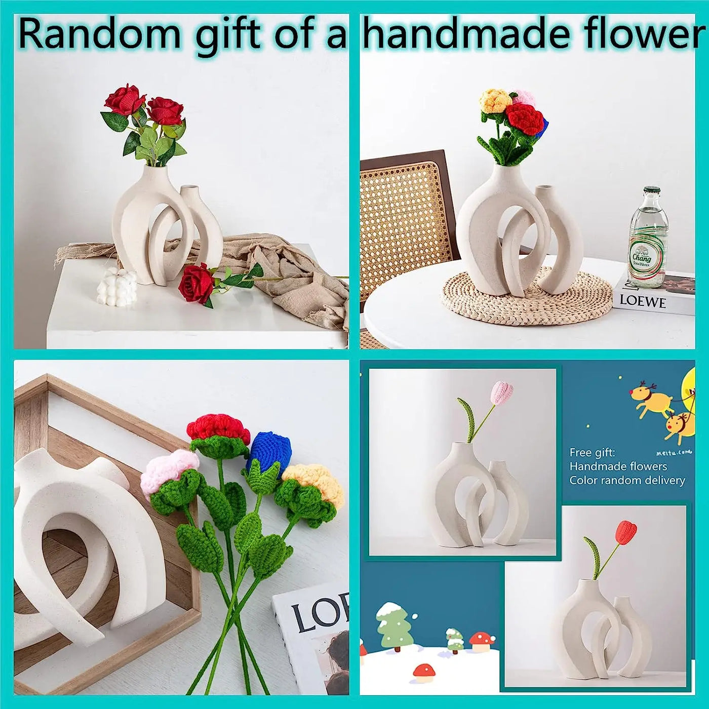White Ceramic Vase Set of 2 for  Home Decor, Boho Donut Vases Nordic Minimalist Decorative Vase