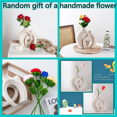 White Ceramic Vase Set of 2 for  Home Decor, Boho Donut Vases Nordic Minimalist Decorative Vase