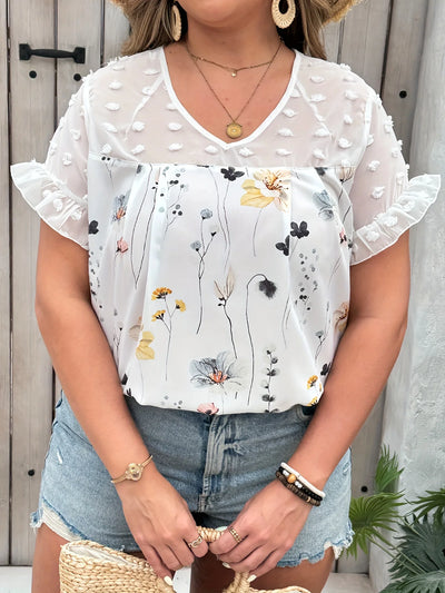 Plus Size Floral Print Swiss Dot BlouseElegant Patchwork V Neck Short Sleeve Blouse For Spring  Summer Women's Plus Size Clo