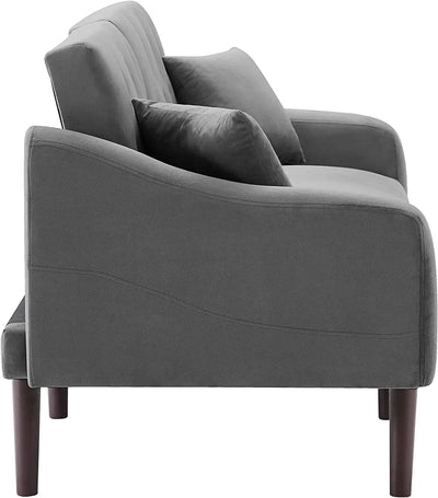 Convertible Sleeper Futon Sofa with 2 Pillows, Velvet Tufted Couch w/Metal Legs and Adjustable Backrest,Gray