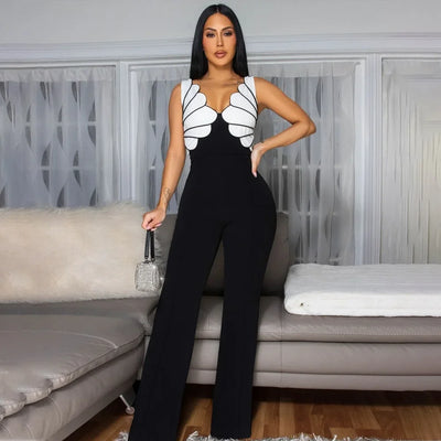 Women V-Neck Backless Wide Leg Straight Sleeveless Jumpsuits Spring Patchwork Sexy One Piece Set Streetwear Outfits