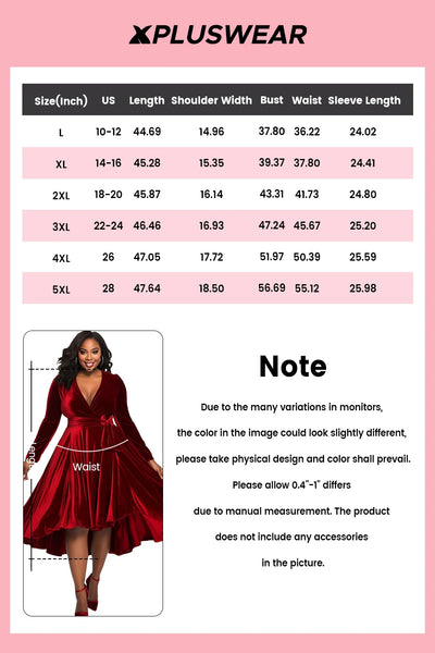 Plus Size Cocktail Party Burgundy Wrap Neck Long Sleeve Wrap Pocket Velvet Midi Dresses
