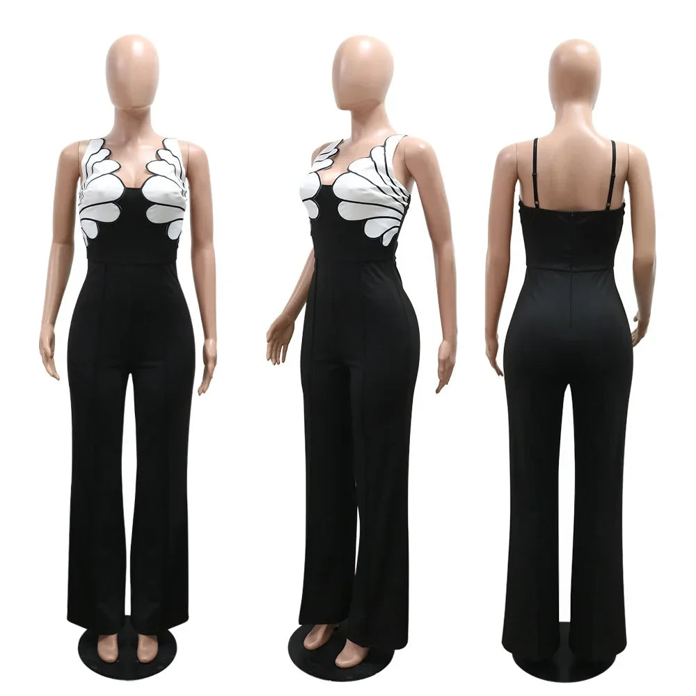 Women V-Neck Backless Wide Leg Straight Sleeveless Jumpsuits Spring Patchwork Sexy One Piece Set Streetwear Outfits