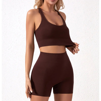 New solid color work back seamless knitting bra belly compression shorts sports running fitness yoga 2 piece set