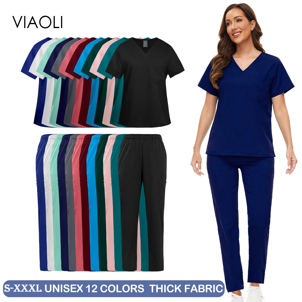 Multicolor Women Uniform V-neck Top+Pcoket Pants Nursing Surgical Uniform Men Pet Shop Doctor Medical Surgery Workwear Scrub Set