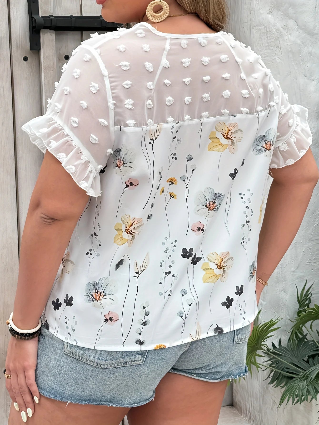 Plus Size Floral Print Swiss Dot BlouseElegant Patchwork V Neck Short Sleeve Blouse For Spring  Summer Women's Plus Size Clo