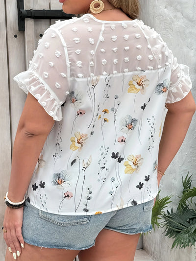 Plus Size Floral Print Swiss Dot BlouseElegant Patchwork V Neck Short Sleeve Blouse For Spring  Summer Women's Plus Size Clo