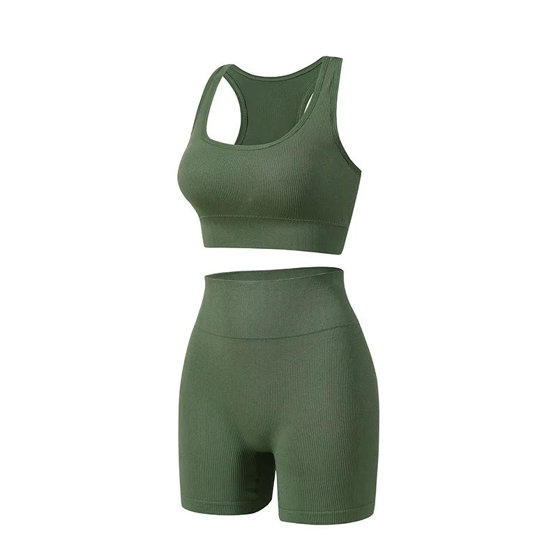 New solid color work back seamless knitting bra belly compression shorts sports running fitness yoga 2 piece set