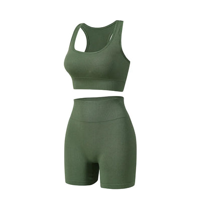 New solid color work back seamless knitting bra belly compression shorts sports running fitness yoga 2 piece set