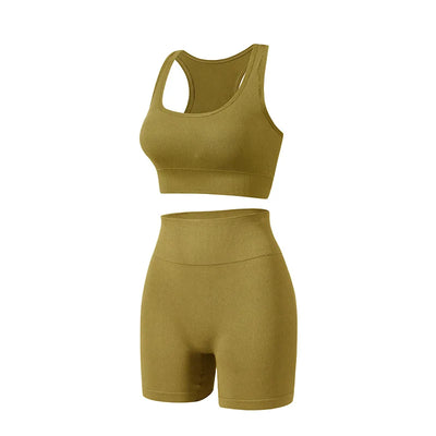 New solid color work back seamless knitting bra belly compression shorts sports running fitness yoga 2 piece set